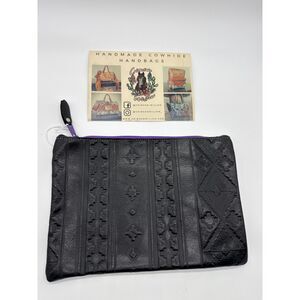Crimson Willow Stamped Leather Large Clutch Black Purple Western Zippered NEW